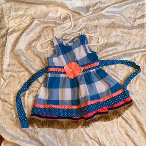 3/6 months fringed dress. Turquoise color with orange ribbon detail. Like new!